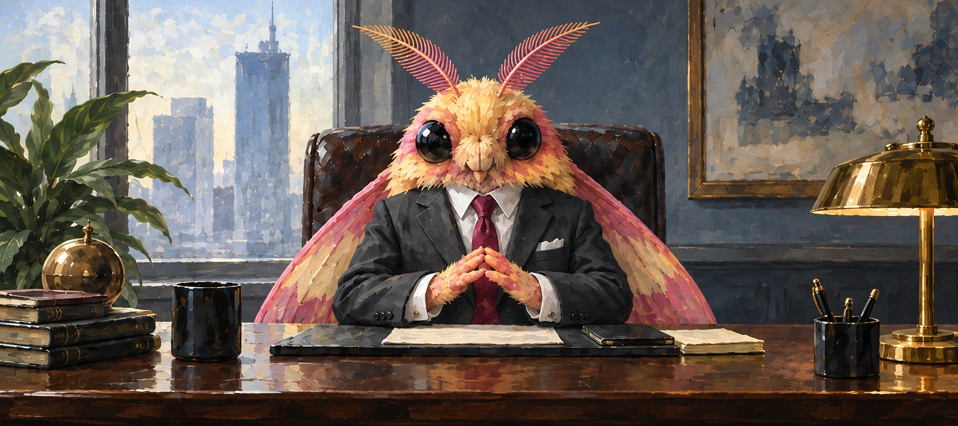 A rosy maple moth in a suit seated behind an office desk